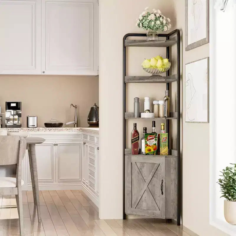 71 Tall Corner Cabinet, Modern Industrial Corner Storage Cabinet with Barn Door Design & 4-Tier Open Display Shelves for Living Room, Kitchen, Grey
