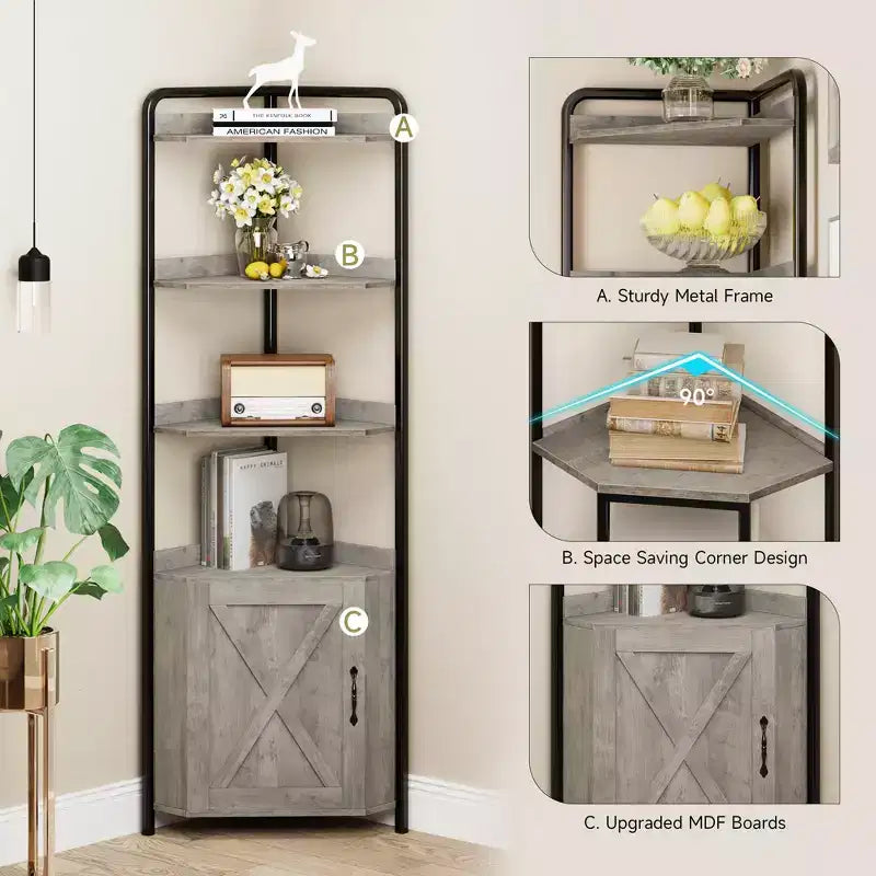 Meuble d'angle haut de 71", Armoire de rangement d'angle de style industriel moderne avec porte coulissante et 4 étagères ouvertes pour salon, cuisine, gris