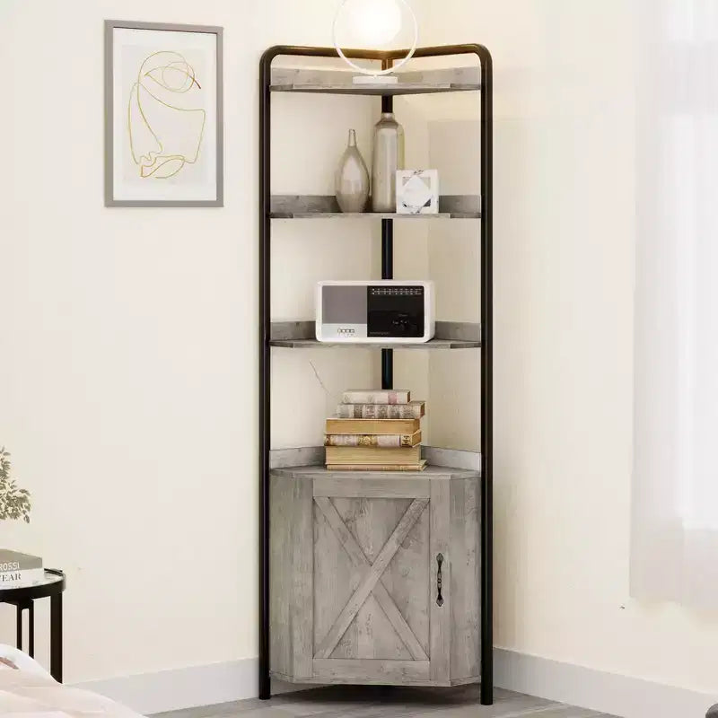 Meuble d'angle haut de 71", Armoire de rangement d'angle de style industriel moderne avec porte coulissante et 4 étagères ouvertes pour salon, cuisine, gris