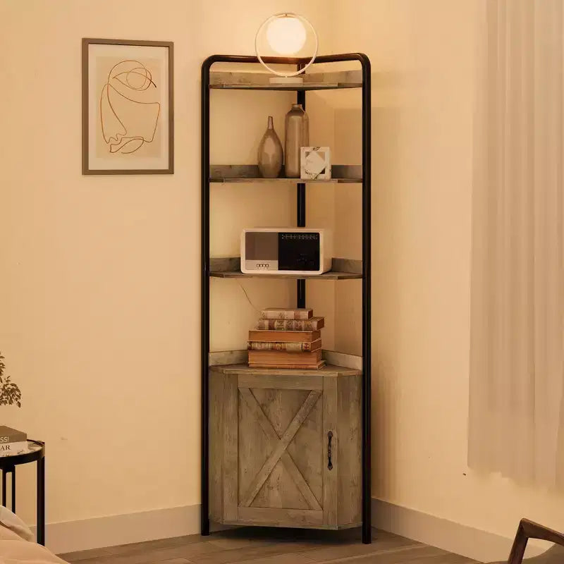 Meuble d'angle haut de 71", Armoire de rangement d'angle de style industriel moderne avec porte coulissante et 4 étagères ouvertes pour salon, cuisine, gris