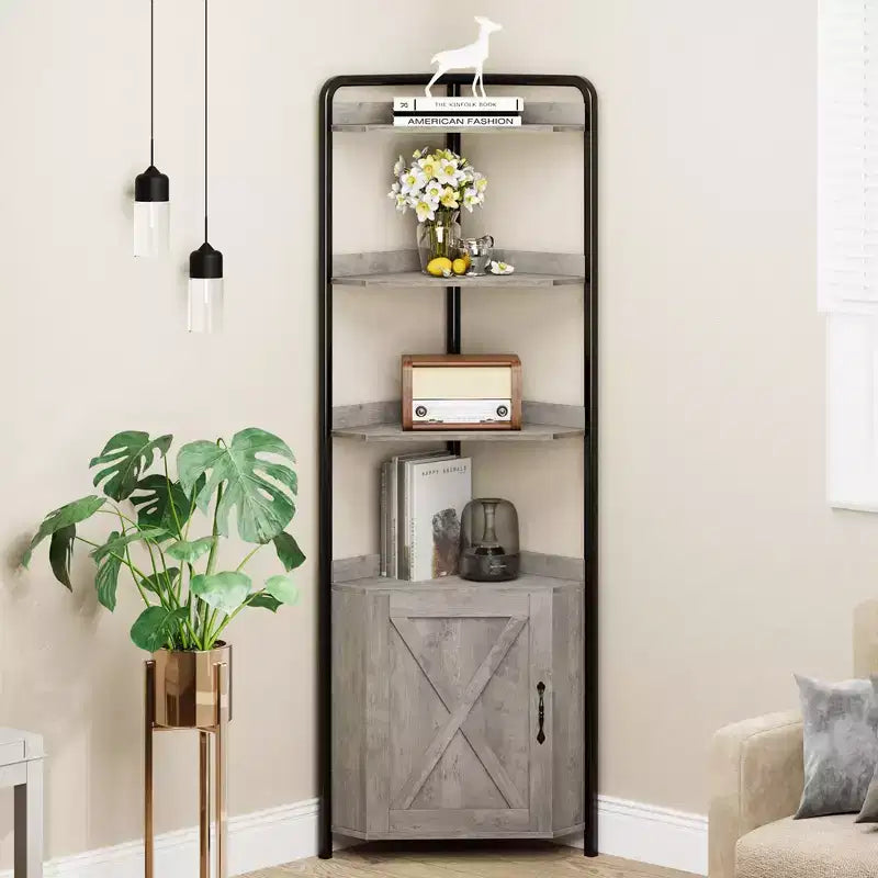 Meuble d'angle haut de 71", Armoire de rangement d'angle de style industriel moderne avec porte coulissante et 4 étagères ouvertes pour salon, cuisine, gris