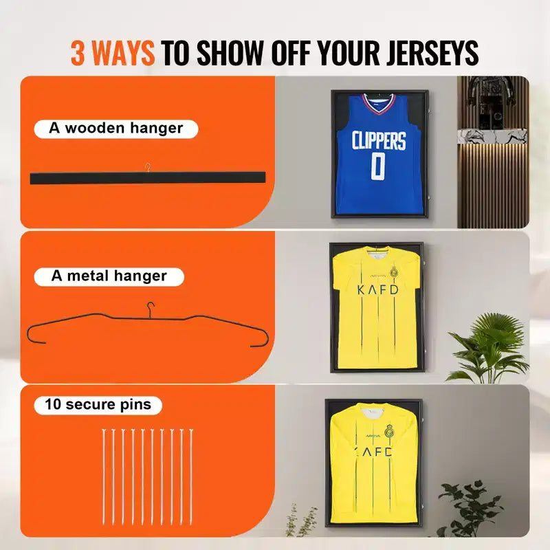 Cadre d'affichage pour maillot VEVOR, 24 x 32 x 1,5 pouces, grande boîte vitrine de maillot de sport verrouillable avec verre PC de protection UV à 98 % et cintres, noir
