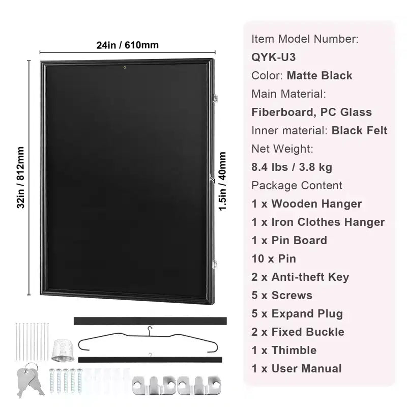 Cadre d'affichage pour maillot VEVOR, 24 x 32 x 1,5 pouces, grande boîte vitrine de maillot de sport verrouillable avec verre PC de protection UV à 98 % et cintres, noir