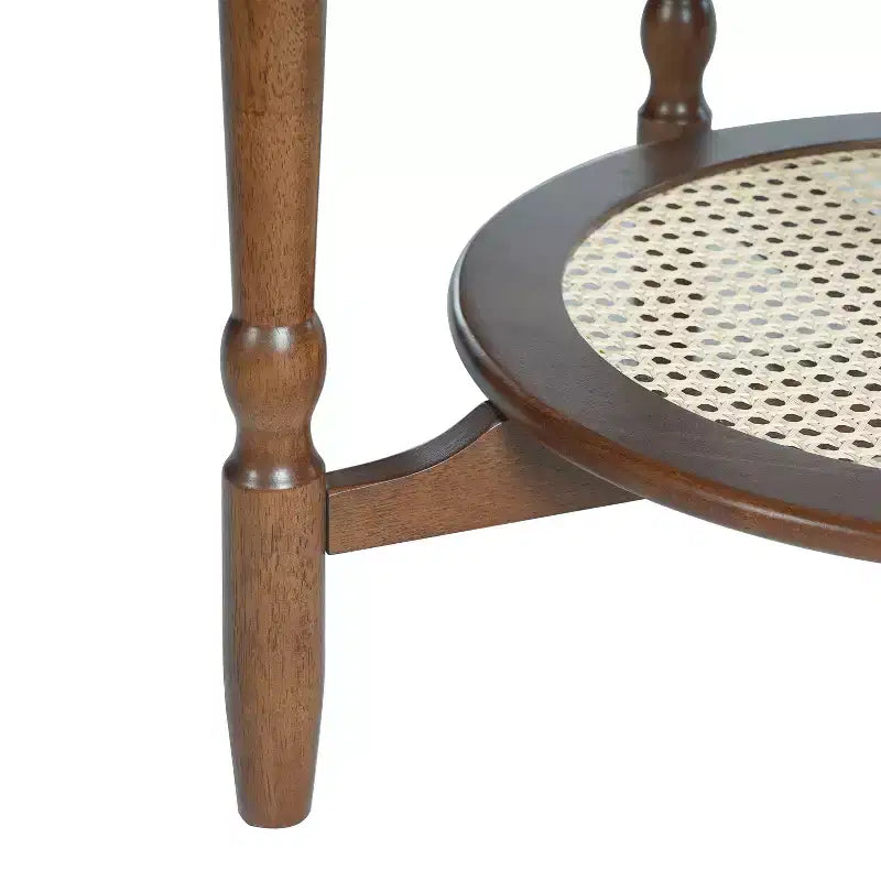 Table basse Petal ModernLuxe avec verre à motif craquelé blanc, table basse de cocktail du milieu du siècle à 2 niveaux, table d'appoint de canapé en rotin, Noyer