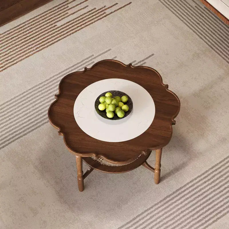 Table basse Petal ModernLuxe avec verre à motif craquelé blanc, table basse de cocktail du milieu du siècle à 2 niveaux, table d'appoint de canapé en rotin, Noyer