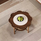 Table basse Petal ModernLuxe avec verre à motif craquelé blanc, table basse de cocktail du milieu du siècle à 2 niveaux, table d'appoint de canapé en rotin, Noyer