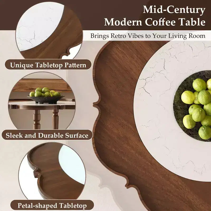 Table basse Petal ModernLuxe avec verre à motif craquelé blanc, table basse de cocktail du milieu du siècle à 2 niveaux, table d'appoint de canapé en rotin, Noyer