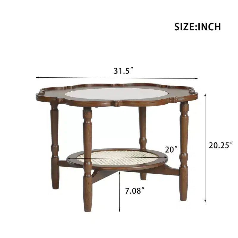 Table basse Petal ModernLuxe avec verre à motif craquelé blanc, table basse de cocktail du milieu du siècle à 2 niveaux, table d'appoint de canapé en rotin, Noyer