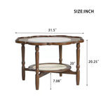 Table basse Petal ModernLuxe avec verre à motif craquelé blanc, table basse de cocktail du milieu du siècle à 2 niveaux, table d'appoint de canapé en rotin, Noyer