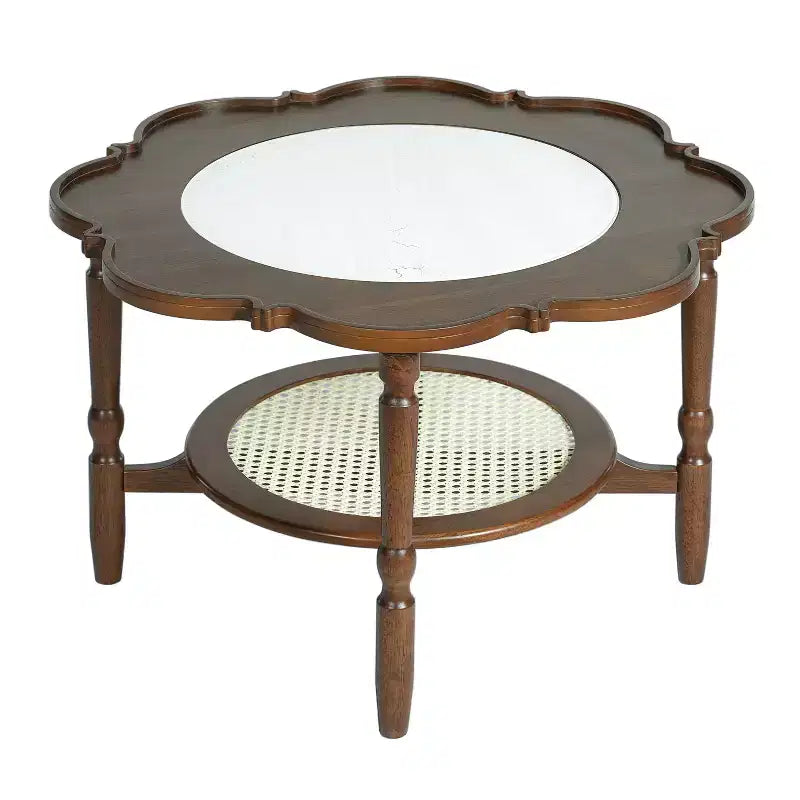 Table basse Petal ModernLuxe avec verre à motif craquelé blanc, table basse de cocktail du milieu du siècle à 2 niveaux, table d'appoint de canapé en rotin, Noyer