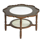Table basse Petal ModernLuxe avec verre à motif craquelé blanc, table basse de cocktail du milieu du siècle à 2 niveaux, table d'appoint de canapé en rotin, Noyer