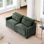 Canapé 2 places en velours chenille vert, structure en bois de haute qualité avec accoudoirs, 2 coussins lombaires inclus, éponge résistante, installation facile