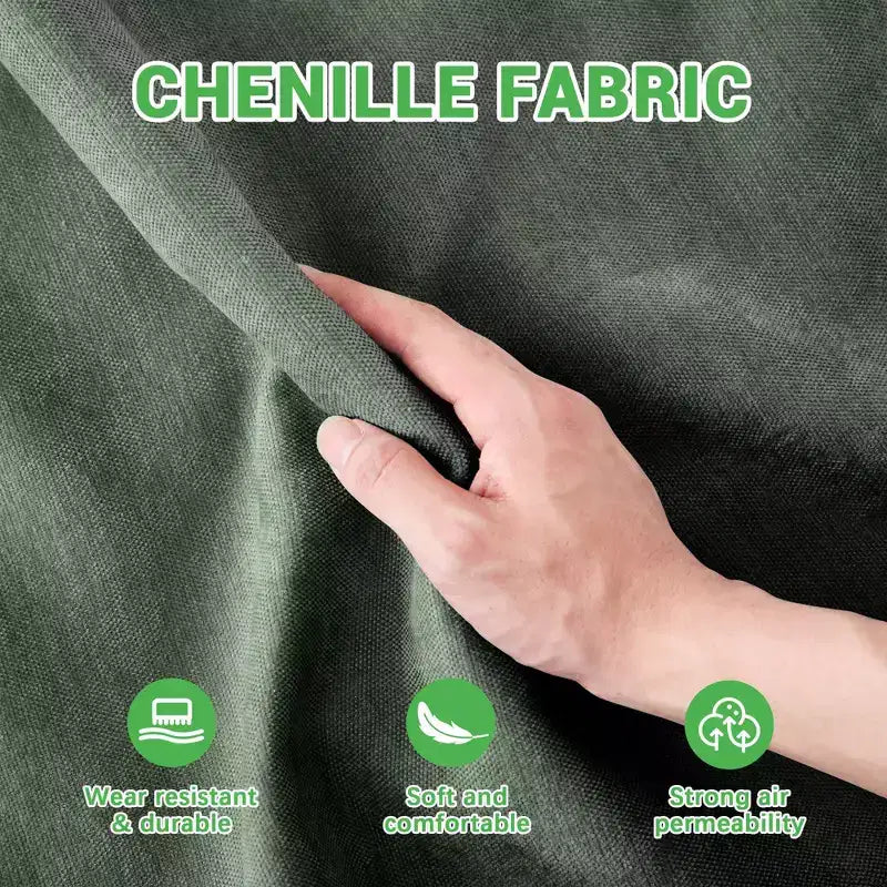Canapé 2 places en velours chenille vert, structure en bois de haute qualité avec accoudoirs, 2 coussins lombaires inclus, éponge résistante, installation facile