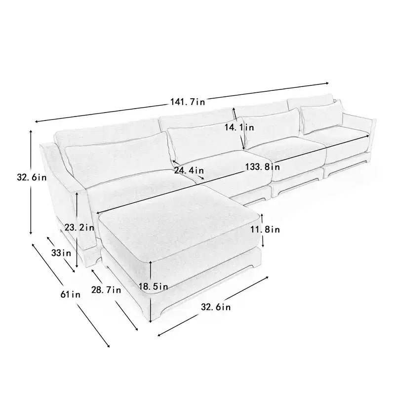 Canapé 4 places en tissu chenille beige avec 1 pouf mobile, éponge haute résilience, facile à installer
