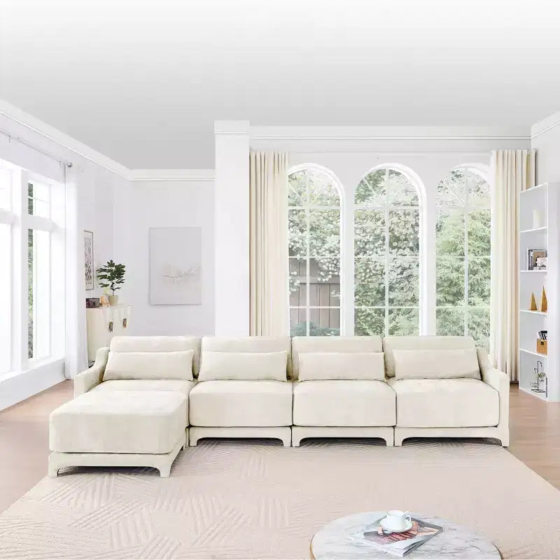 Canapé 4 places en tissu chenille beige avec 1 pouf mobile, éponge haute résilience, facile à installer