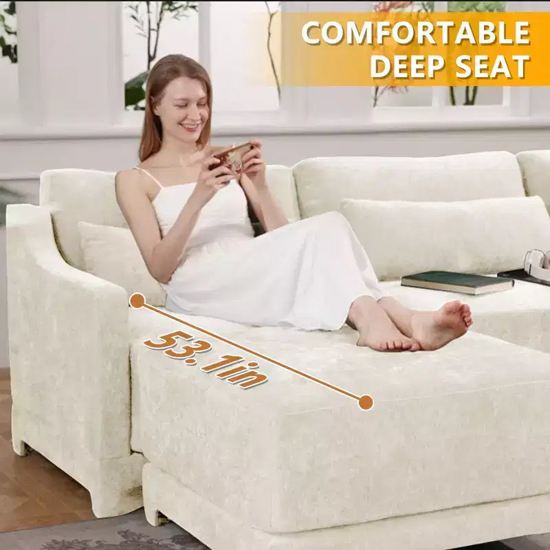 Canapé 4 places en tissu chenille beige avec 1 pouf mobile, éponge haute résilience, facile à installer