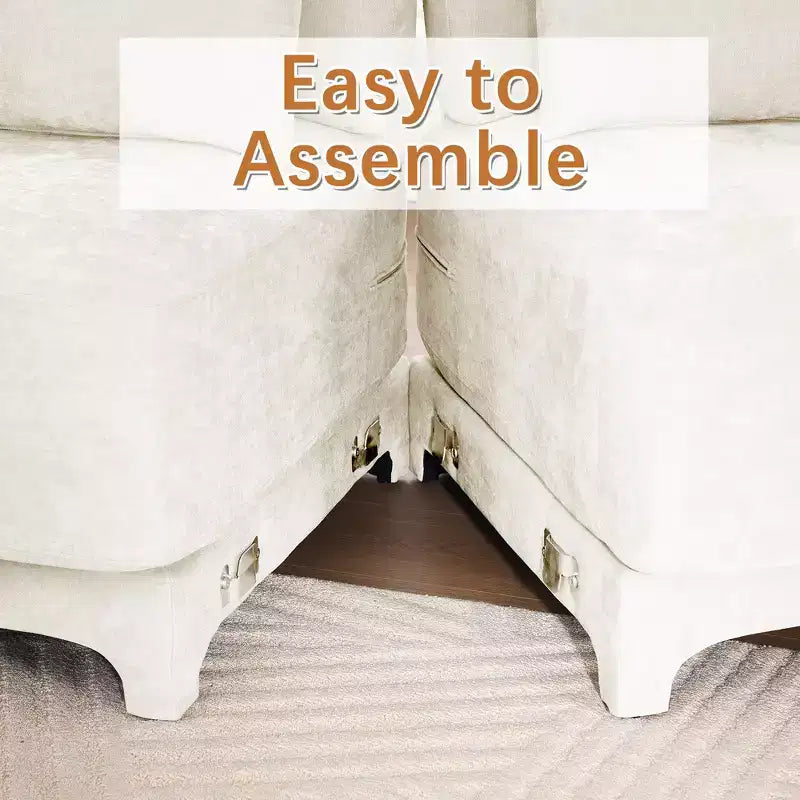 Canapé 4 places en tissu chenille beige avec 1 pouf mobile, éponge haute résilience, facile à installer