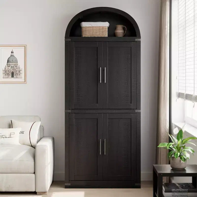 Bibliothèque arquée de 183 cm CuisinSmart, étagère de style ferme moderne avec 4 portes vitrées/en bois et étagère ouverte, meuble de rangement autonome.