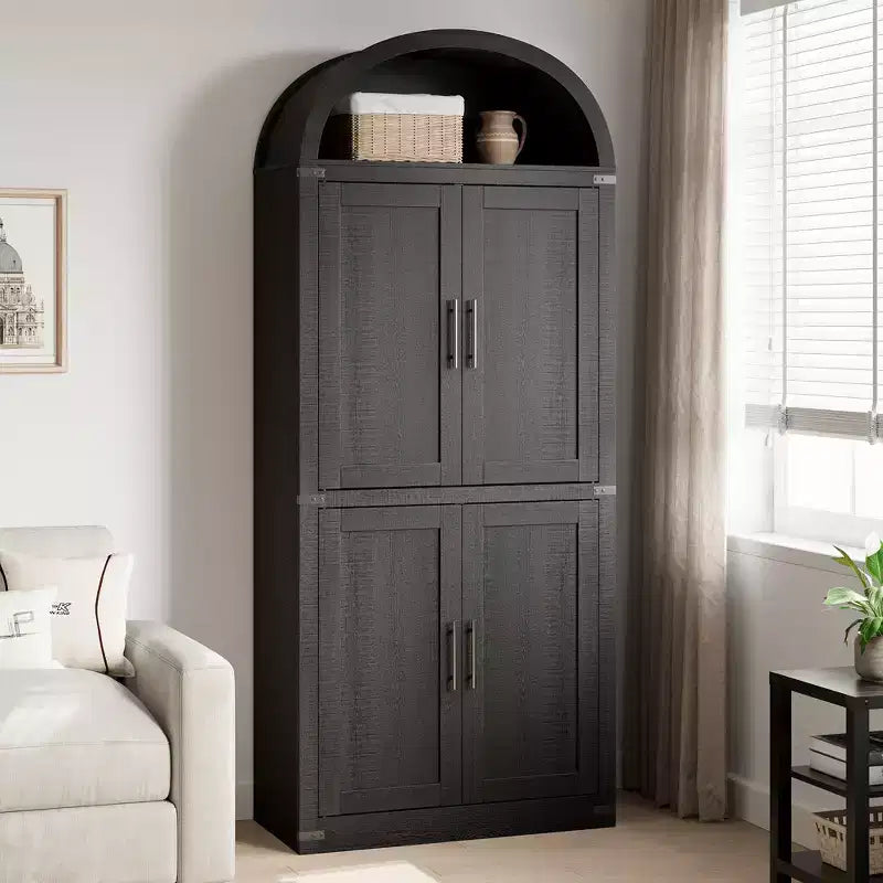 Bibliothèque arquée de 183 cm CuisinSmart, étagère de style ferme moderne avec 4 portes vitrées/en bois et étagère ouverte, meuble de rangement autonome.