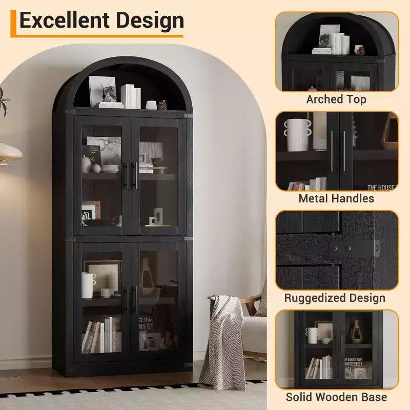 Bibliothèque arquée de 183 cm CuisinSmart, étagère de style ferme moderne avec 4 portes vitrées/en bois et étagère ouverte, meuble de rangement autonome.