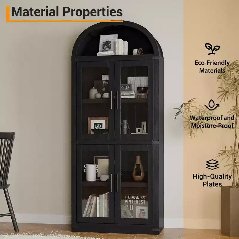 Bibliothèque arquée de 183 cm CuisinSmart, étagère de style ferme moderne avec 4 portes vitrées/en bois et étagère ouverte, meuble de rangement autonome.