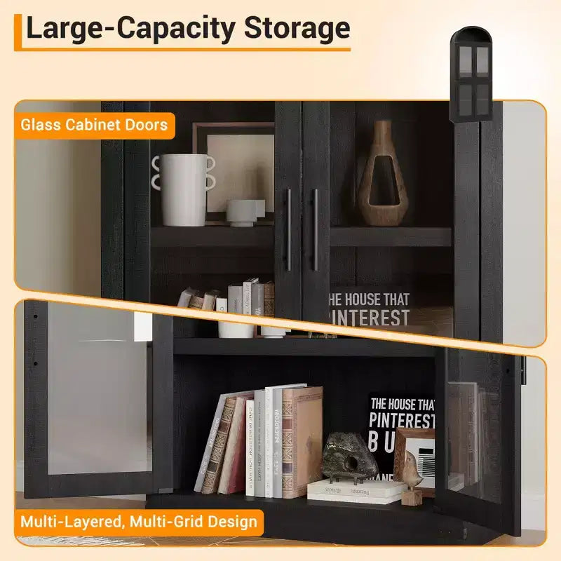 Bibliothèque arquée de 183 cm CuisinSmart, étagère de style ferme moderne avec 4 portes vitrées/en bois et étagère ouverte, meuble de rangement autonome.