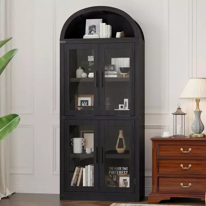 Bibliothèque arquée de 183 cm CuisinSmart, étagère de style ferme moderne avec 4 portes vitrées/en bois et étagère ouverte, meuble de rangement autonome.