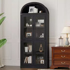 Bibliothèque arquée de 183 cm CuisinSmart, étagère de style ferme moderne avec 4 portes vitrées/en bois et étagère ouverte, meuble de rangement autonome.