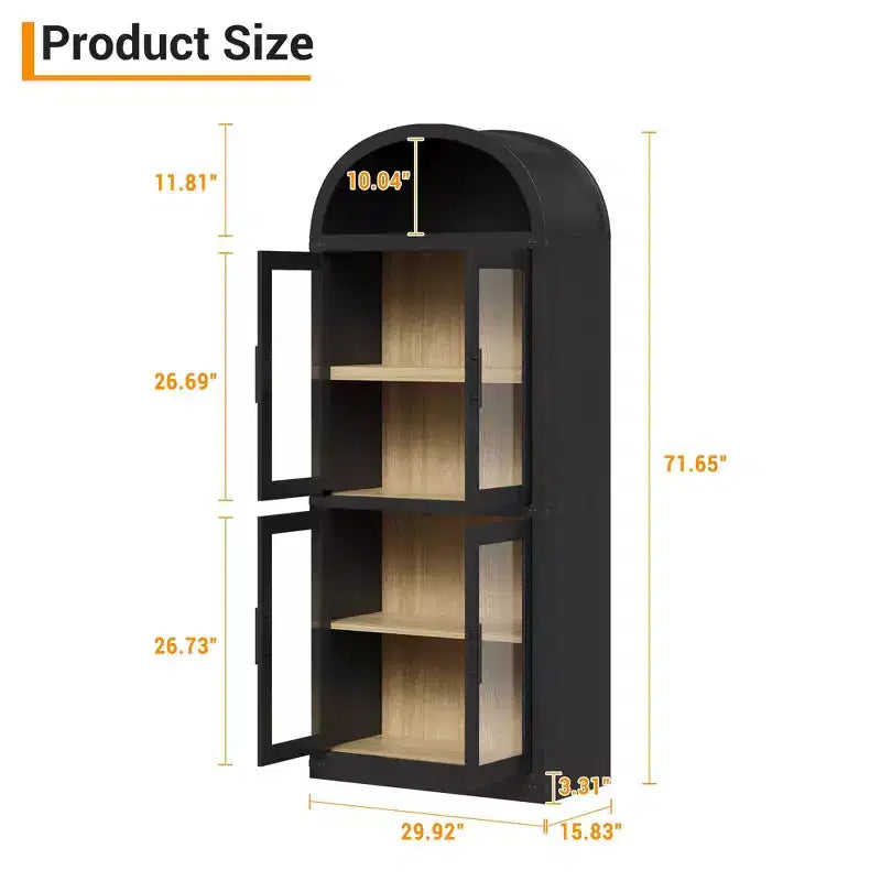 Bibliothèque arquée de 183 cm CuisinSmart, étagère de style ferme moderne avec 4 portes vitrées/en bois et étagère ouverte, meuble de rangement autonome.