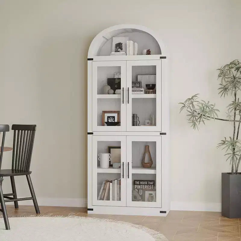 Bibliothèque arquée de 183 cm CuisinSmart, étagère de style ferme moderne avec 4 portes vitrées/en bois et étagère ouverte, meuble de rangement autonome.