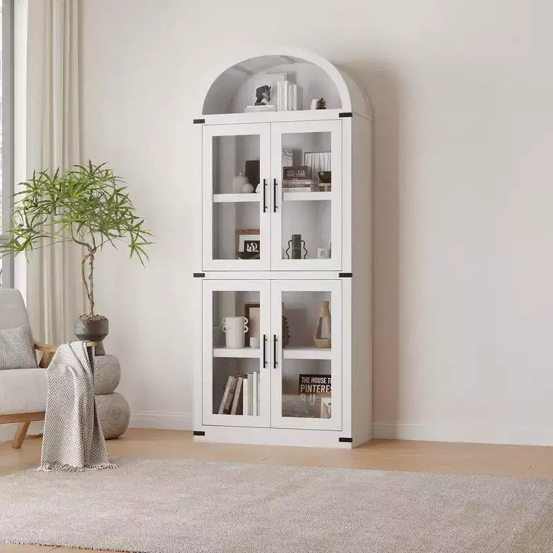 Bibliothèque arquée de 183 cm CuisinSmart, étagère de style ferme moderne avec 4 portes vitrées/en bois et étagère ouverte, meuble de rangement autonome.