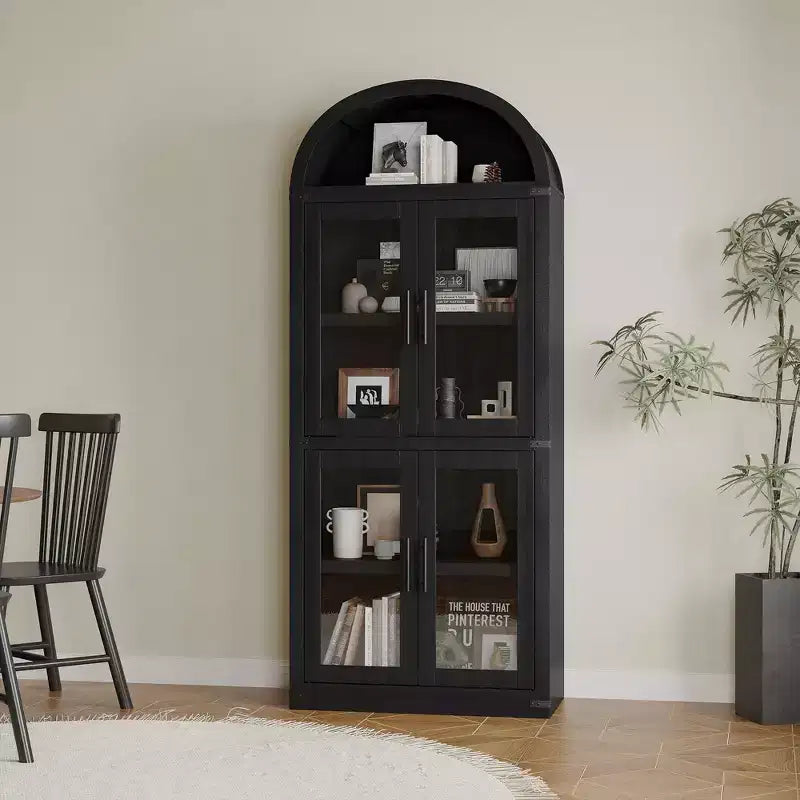 Bibliothèque arquée de 183 cm CuisinSmart, étagère de style ferme moderne avec 4 portes vitrées/en bois et étagère ouverte, meuble de rangement autonome.
