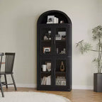 Bibliothèque arquée de 183 cm CuisinSmart, étagère de style ferme moderne avec 4 portes vitrées/en bois et étagère ouverte, meuble de rangement autonome.