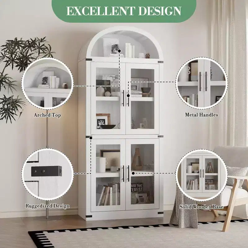 Bibliothèque arquée de 183 cm CuisinSmart, étagère de style ferme moderne avec 4 portes vitrées/en bois et étagère ouverte, meuble de rangement autonome.