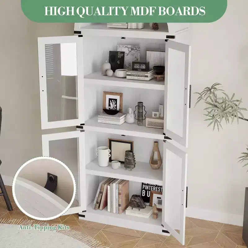 Bibliothèque arquée de 183 cm CuisinSmart, étagère de style ferme moderne avec 4 portes vitrées/en bois et étagère ouverte, meuble de rangement autonome.