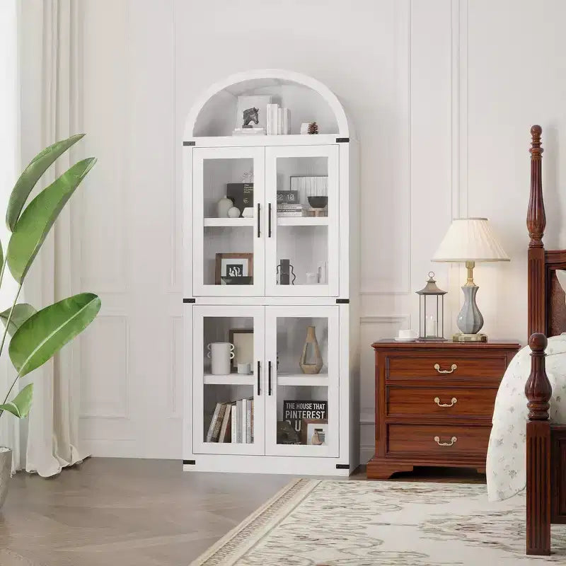 Bibliothèque arquée de 183 cm CuisinSmart, étagère de style ferme moderne avec 4 portes vitrées/en bois et étagère ouverte, meuble de rangement autonome.