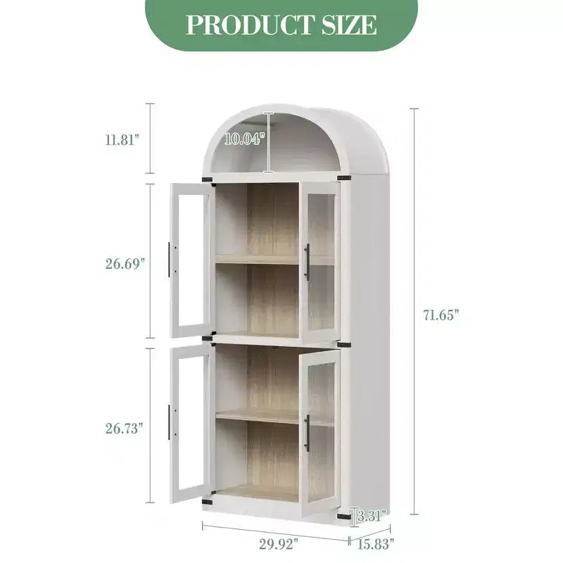 Bibliothèque arquée de 183 cm CuisinSmart, étagère de style ferme moderne avec 4 portes vitrées/en bois et étagère ouverte, meuble de rangement autonome.