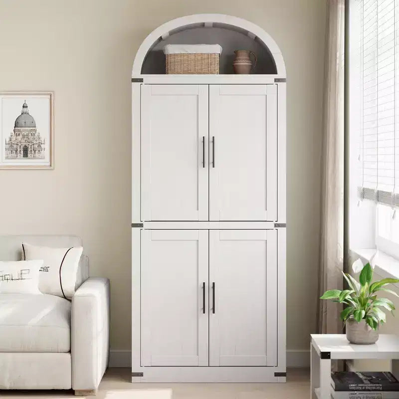 Bibliothèque arquée de 183 cm CuisinSmart, étagère de style ferme moderne avec 4 portes vitrées/en bois et étagère ouverte, meuble de rangement autonome.