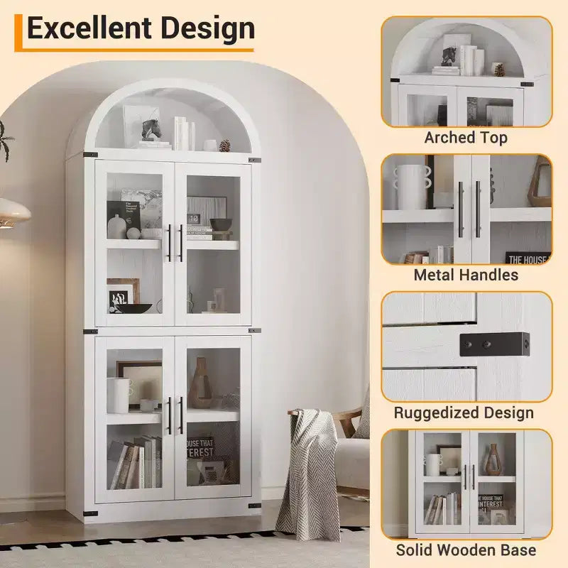 Bibliothèque arquée de 183 cm CuisinSmart, étagère de style ferme moderne avec 4 portes vitrées/en bois et étagère ouverte, meuble de rangement autonome.