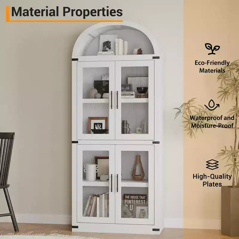 Bibliothèque arquée de 183 cm CuisinSmart, étagère de style ferme moderne avec 4 portes vitrées/en bois et étagère ouverte, meuble de rangement autonome.