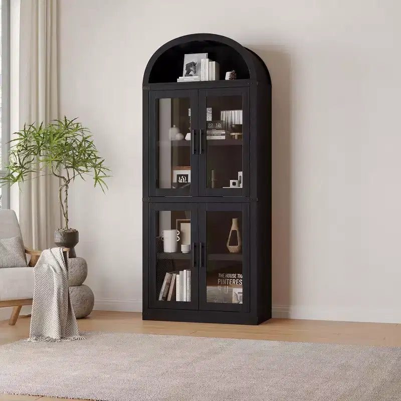Bibliothèque arquée de 183 cm CuisinSmart, étagère de style ferme moderne avec 4 portes vitrées/en bois et étagère ouverte, meuble de rangement autonome.