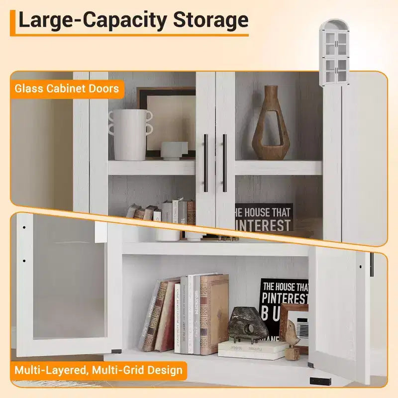 Bibliothèque arquée de 183 cm CuisinSmart, étagère de style ferme moderne avec 4 portes vitrées/en bois et étagère ouverte, meuble de rangement autonome.