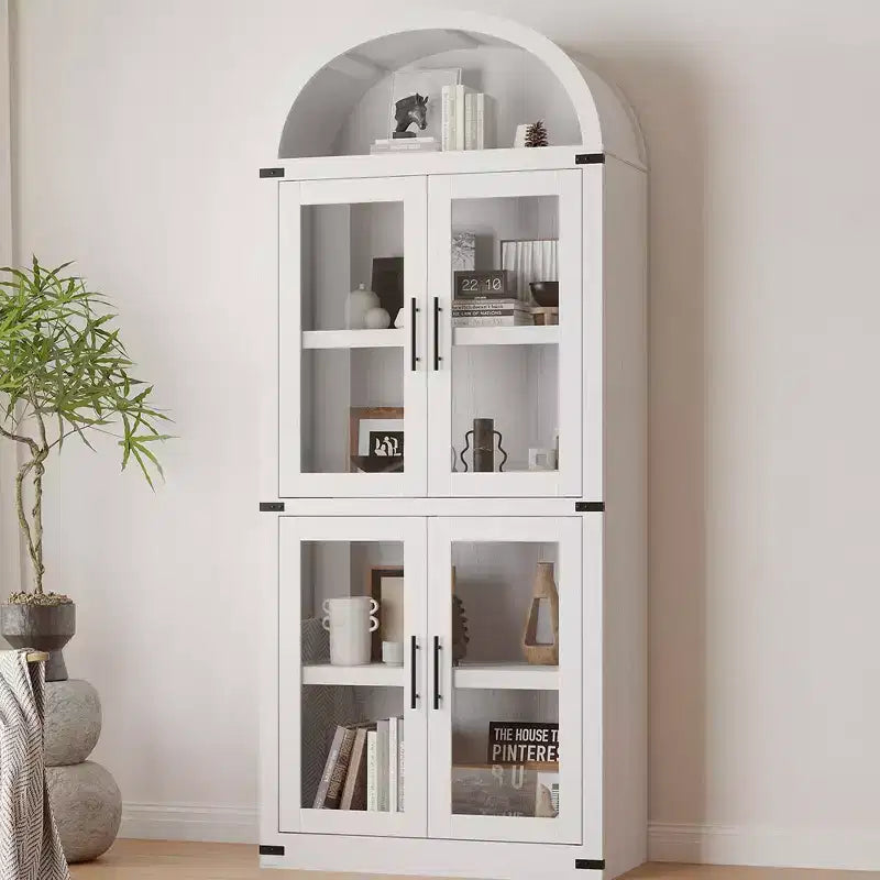 Bibliothèque arquée de 183 cm CuisinSmart, étagère de style ferme moderne avec 4 portes vitrées/en bois et étagère ouverte, meuble de rangement autonome.