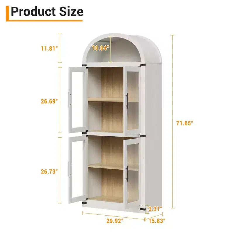 Bibliothèque arquée de 183 cm CuisinSmart, étagère de style ferme moderne avec 4 portes vitrées/en bois et étagère ouverte, meuble de rangement autonome.