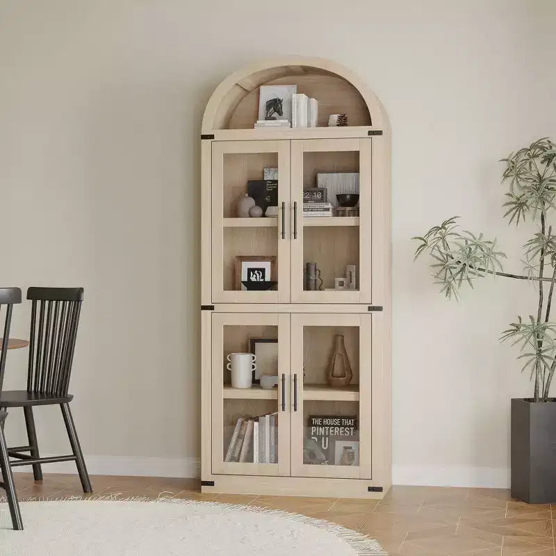 Bibliothèque arquée de 183 cm CuisinSmart, étagère de style ferme moderne avec 4 portes vitrées/en bois et étagère ouverte, meuble de rangement autonome.