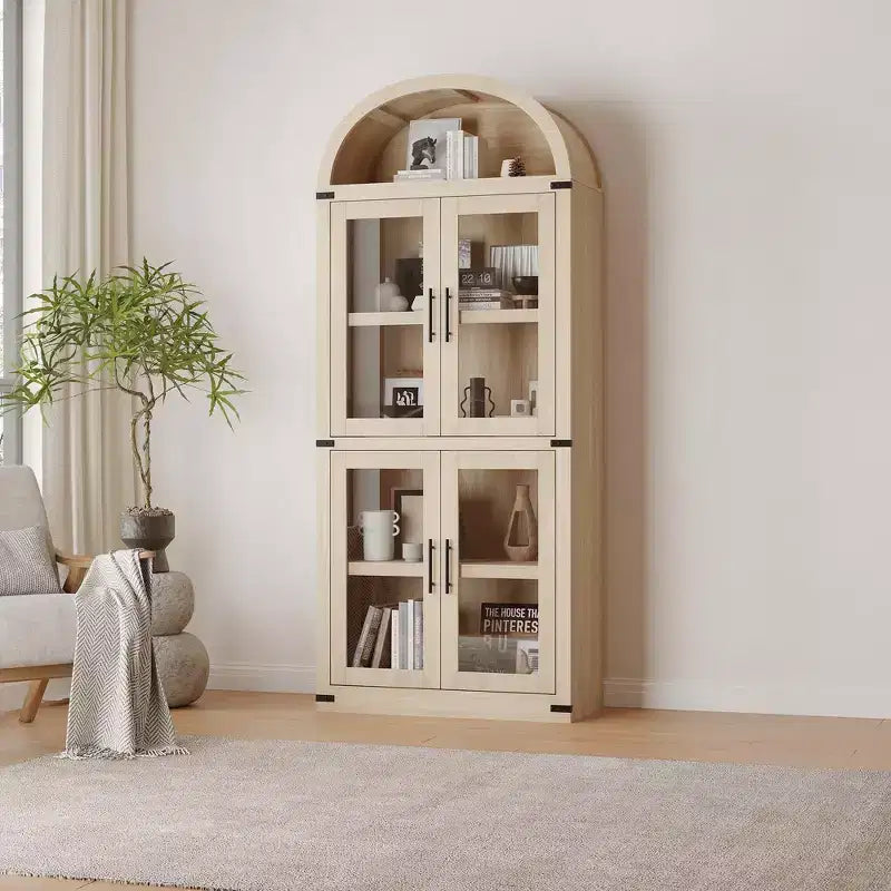 Bibliothèque arquée de 183 cm CuisinSmart, étagère de style ferme moderne avec 4 portes vitrées/en bois et étagère ouverte, meuble de rangement autonome.