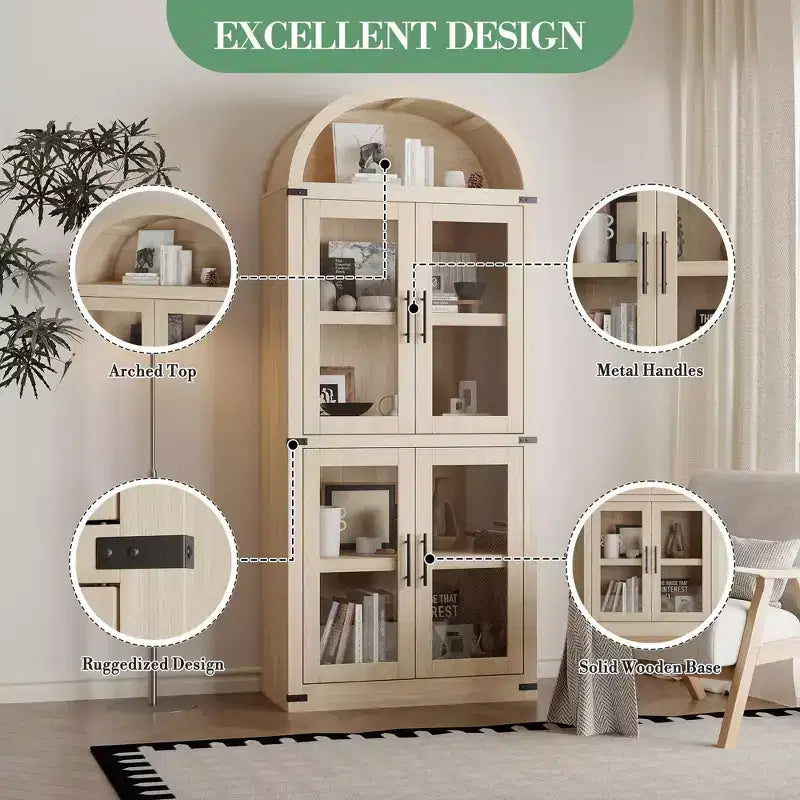 Bibliothèque arquée de 183 cm CuisinSmart, étagère de style ferme moderne avec 4 portes vitrées/en bois et étagère ouverte, meuble de rangement autonome.