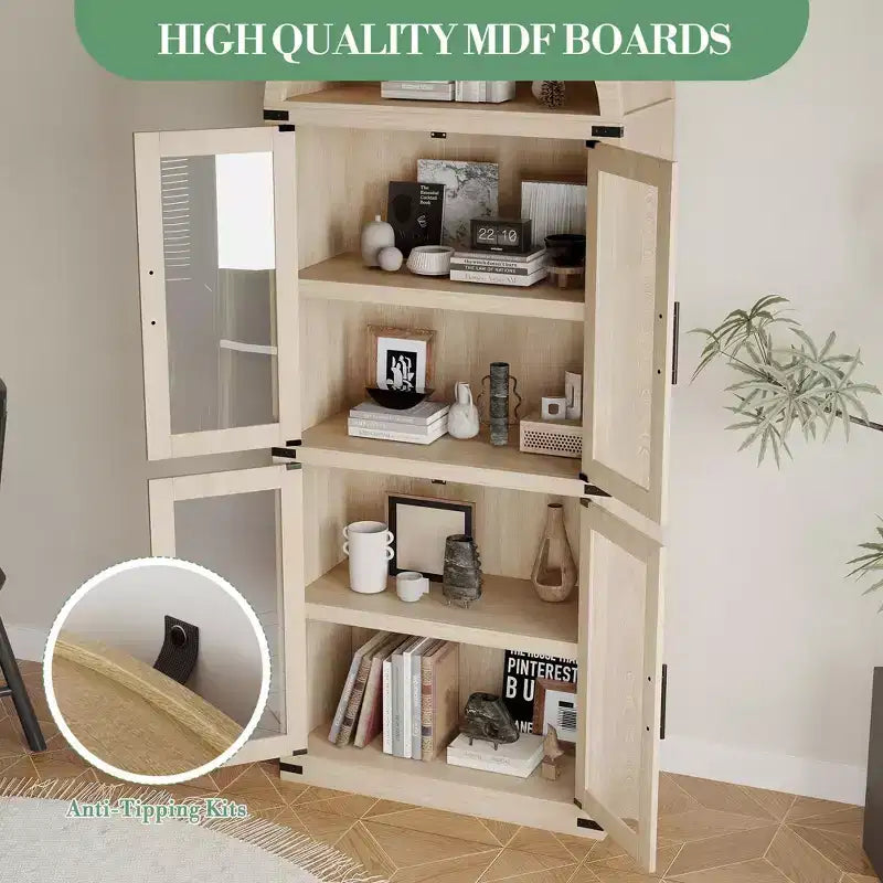 Bibliothèque arquée de 183 cm CuisinSmart, étagère de style ferme moderne avec 4 portes vitrées/en bois et étagère ouverte, meuble de rangement autonome.