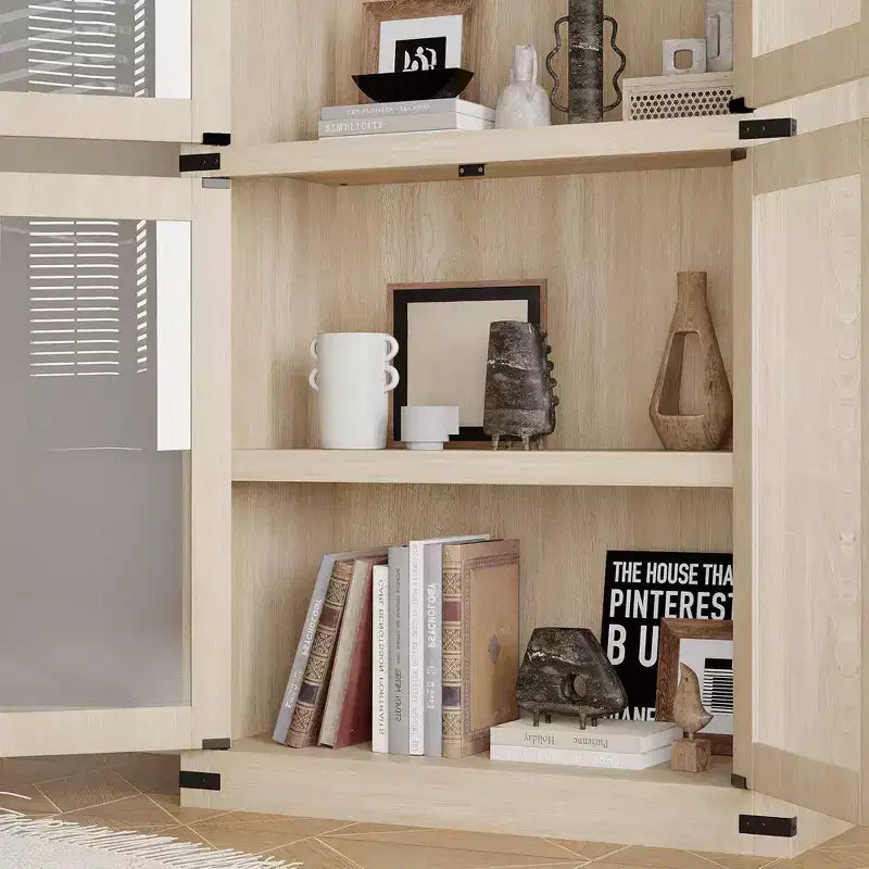 Bibliothèque arquée de 183 cm CuisinSmart, étagère de style ferme moderne avec 4 portes vitrées/en bois et étagère ouverte, meuble de rangement autonome.