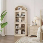 Bibliothèque arquée de 183 cm CuisinSmart, étagère de style ferme moderne avec 4 portes vitrées/en bois et étagère ouverte, meuble de rangement autonome.